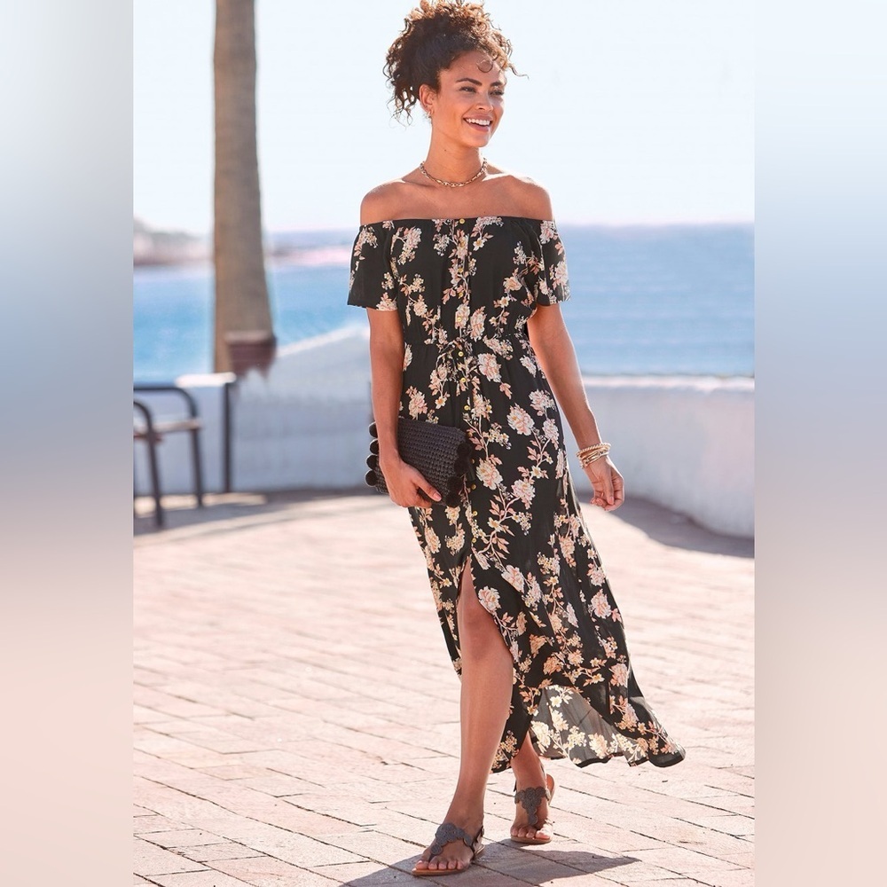 Women’s | Black Floral Off Shoulder Midi Dress Button Front | Size Medium - Picture 2 of 9